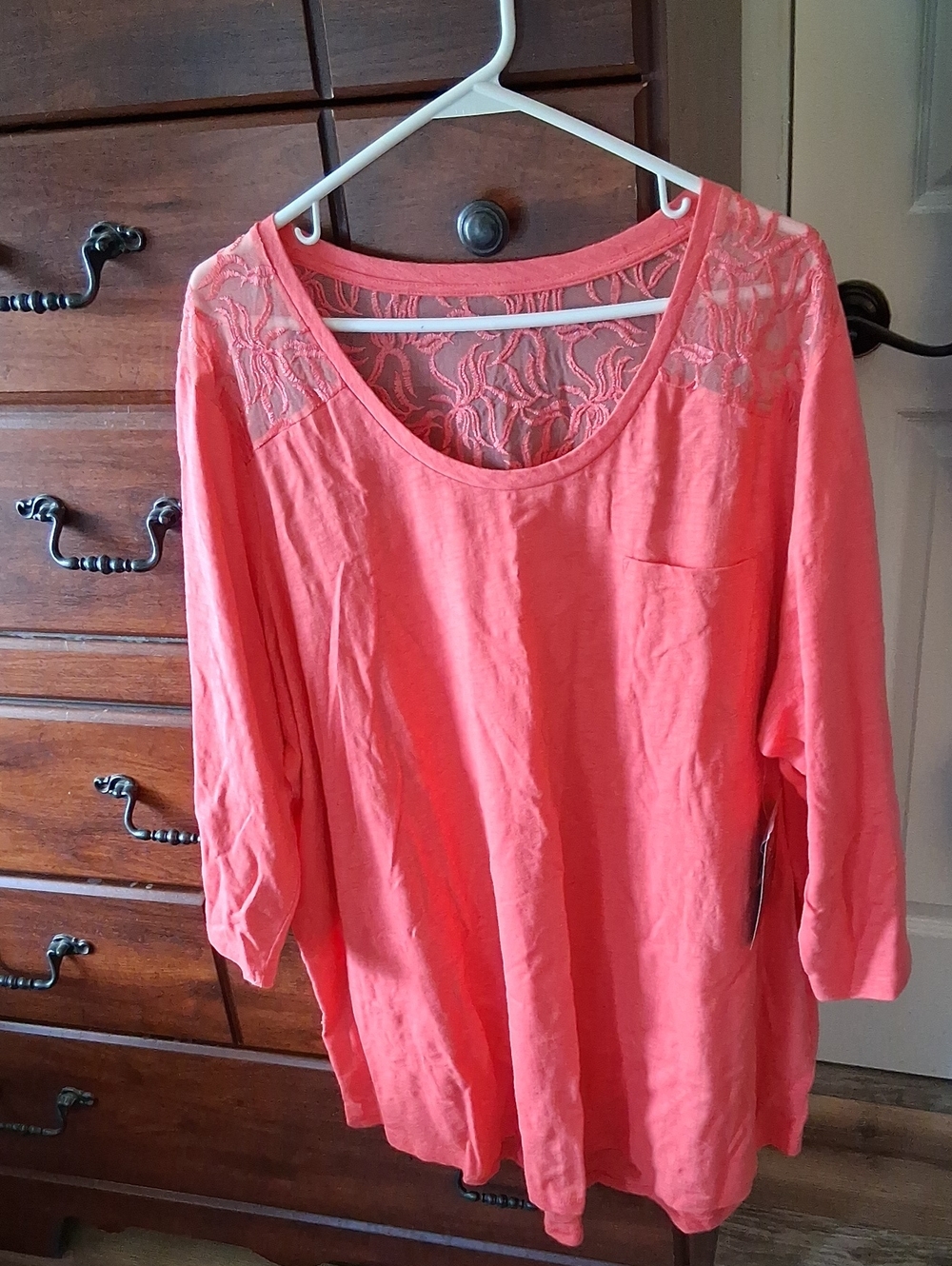 Roaman's Coral Lace-Back Scoop Neck Long Sleeve Top